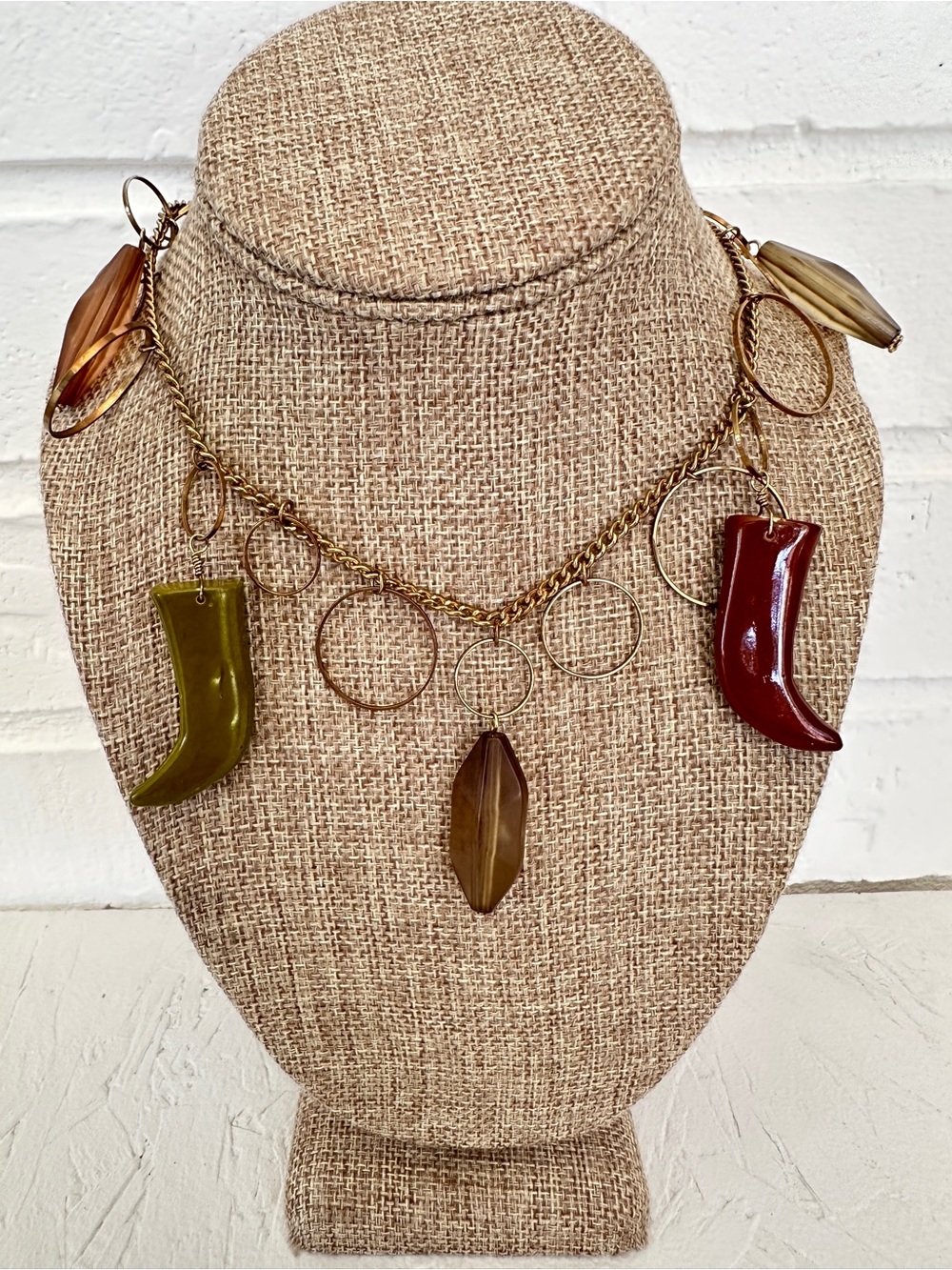 Gold Chain Charm Necklace with Olive Green and Burgundy Horn Pendants